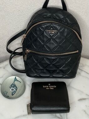 kate spade Black Quilted Leather Mini Backpack with Matching Zip Wallet EUC